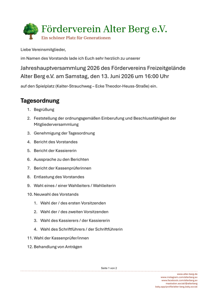 Einladung Jahreshauptversammlung 2026